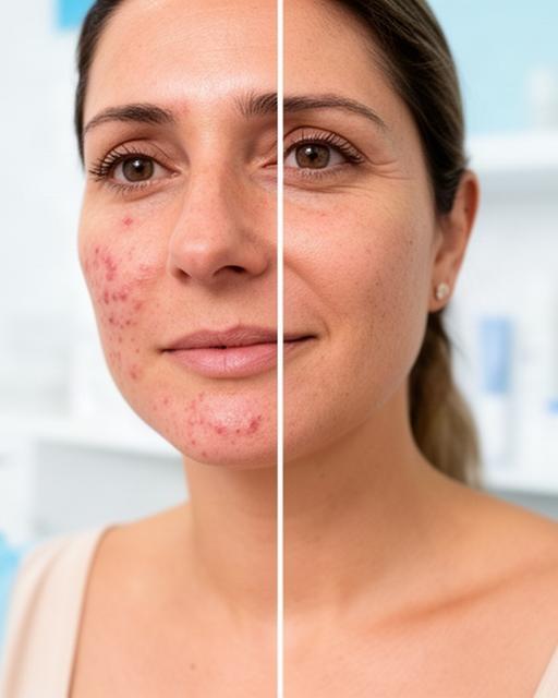 Juudiithh con marcas de acné adulto y comparación de textura facial en una consulta luminosa